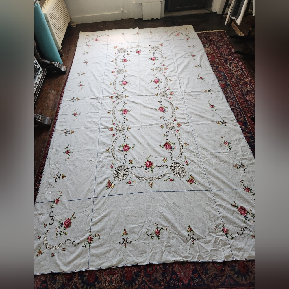 Vintage Floral Rose Hand Embroidered Cross Stitch Tablecloth Huge XL 118" x 67"